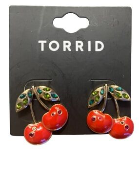 Torrid Red Cherry Dangle Earrings with Green Leaf Accents NWT